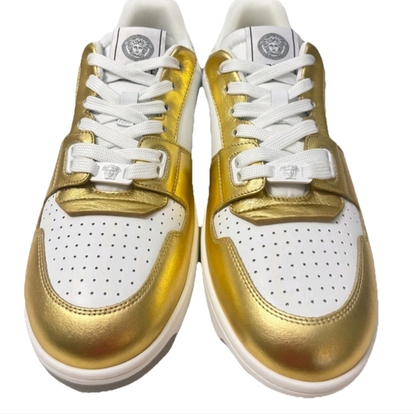 Versace Gold Medusa Logo Laminated Leather Sneakers EU 43.5 US Men's Size 10.5 - Picture 4 of 12